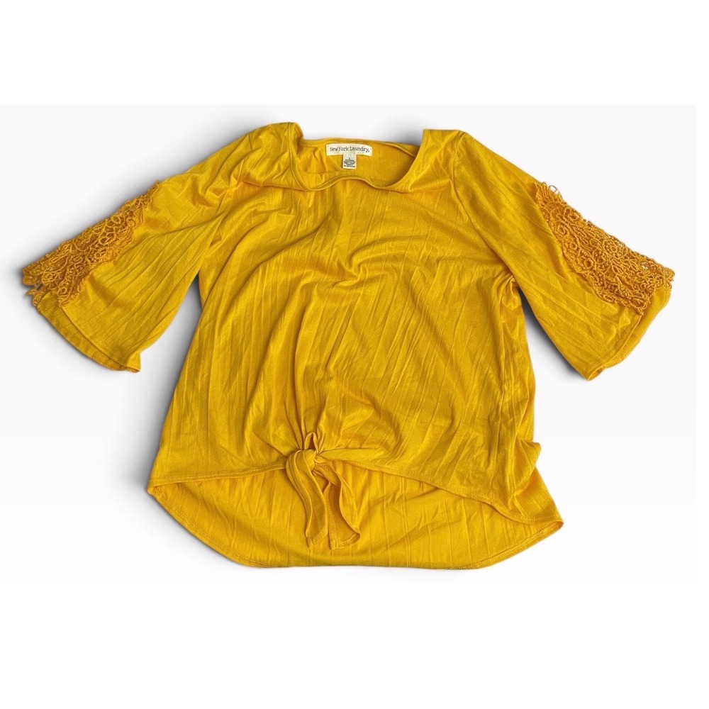 New York Laundry Tie Front Top Women Large Yellow Crochet Embellished Sleeves
